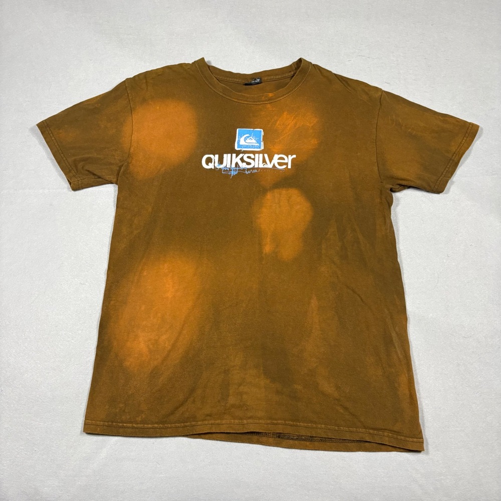 Quiksilver Graphic T-Shirt Mens Brown Bleach Wash Sun Faded Surf Tee Small Hole